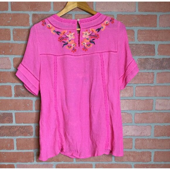 Umgee Womens Pink Embroidered Floral Blouse Short Sleeve Keyhole Size M - Picture 7 of 10
